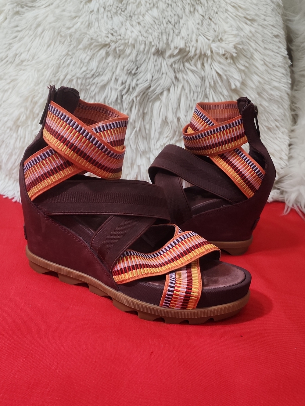 Sorel Joanie II Burgundy Wedge Sandals with Multicolor Straps